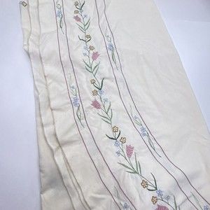 Vintage Large Ecru Beige Floral Oval Embroidered Tablecloth Cotton Flower